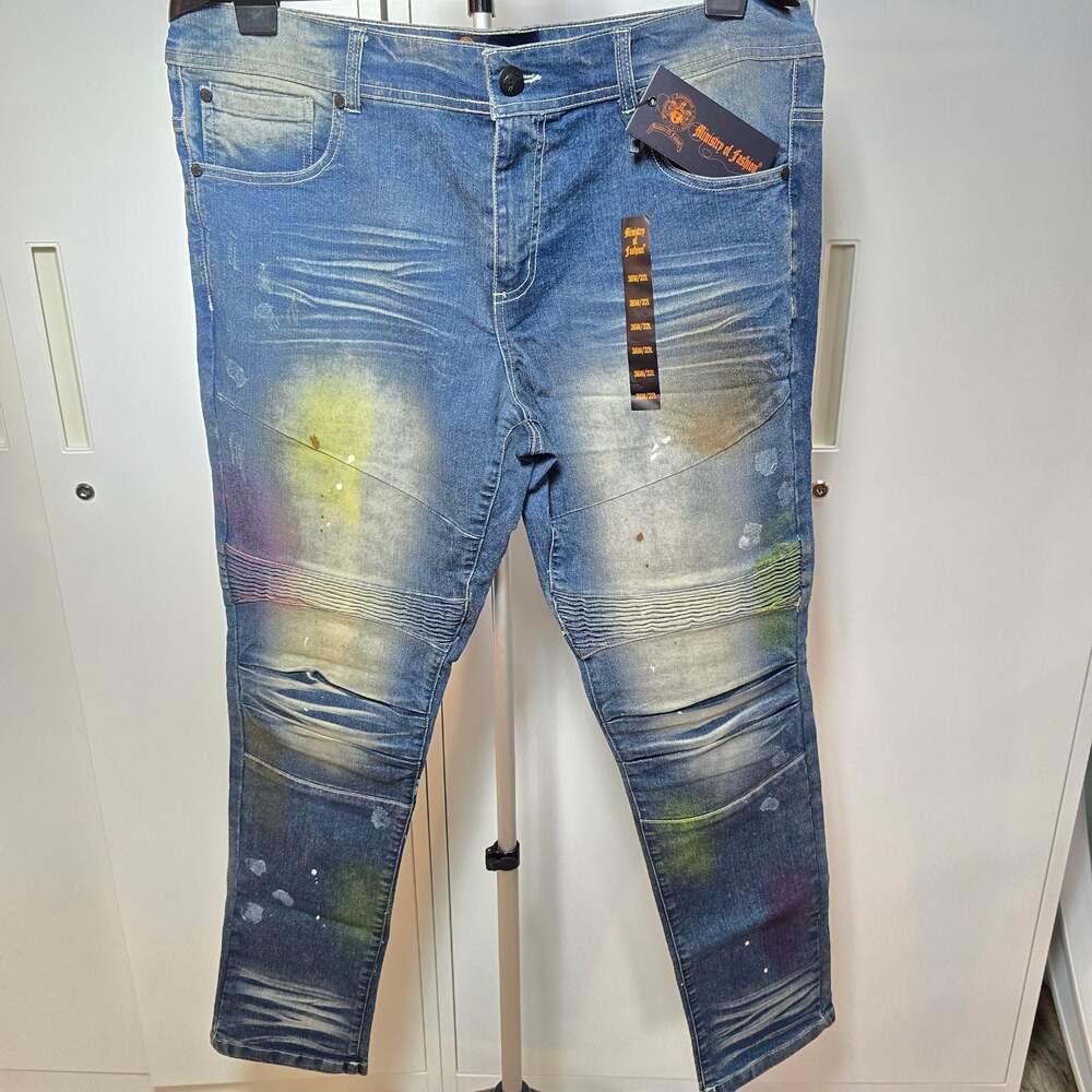 Ministry of Fashion Men's Skinny Fit Paint Splatter Moto Jeans Vintage Wash